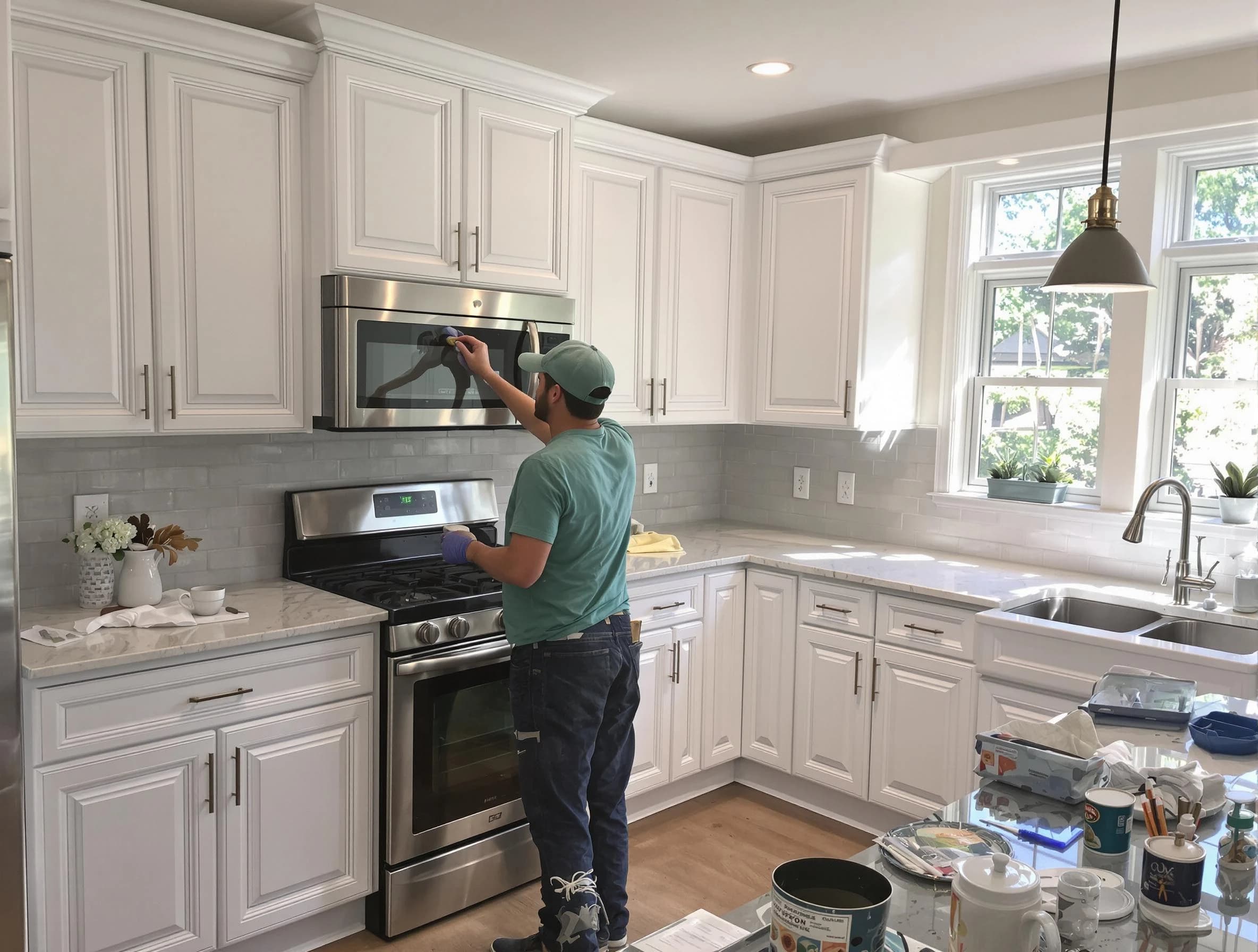 Kitchen cabinets being refinished by North Royalton House Painters in North Royalton, OH