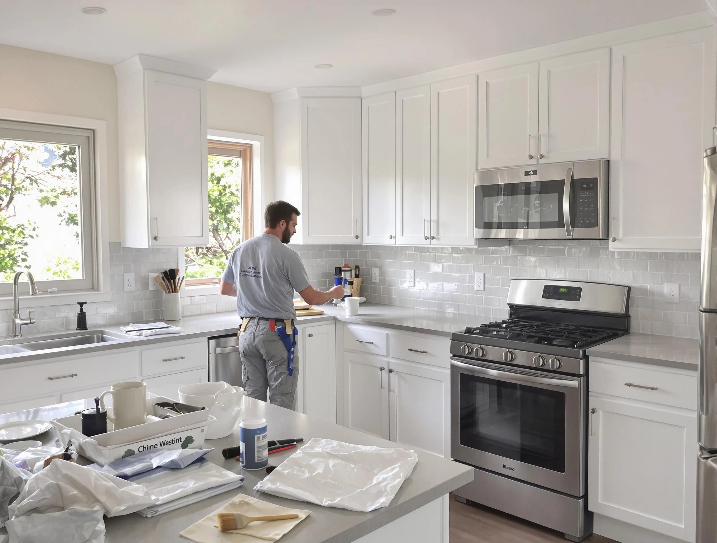 North Royalton House Painters applying fresh paint on kitchen cabinets in North Royalton