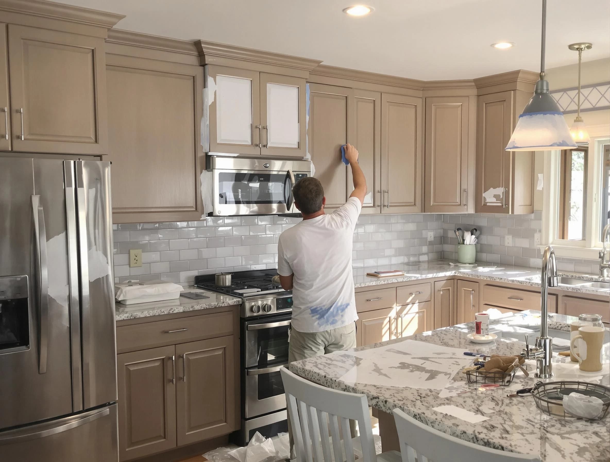 Before-and-after view of kitchen painting by North Royalton House Painters in North Royalton