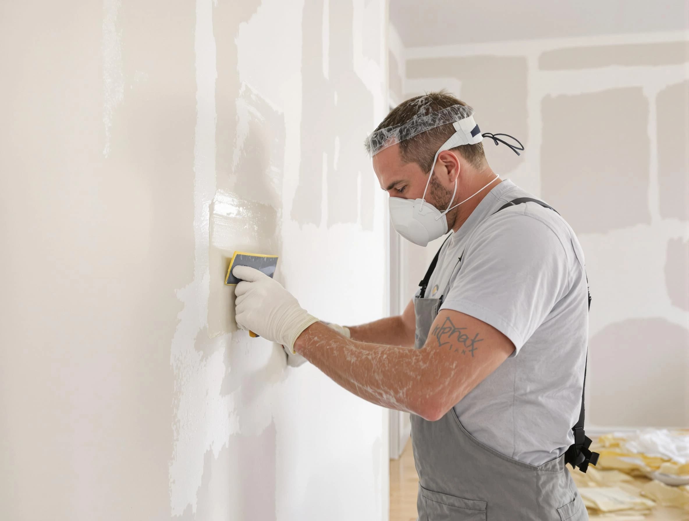 North Royalton House Painters technician applying mud to drywall seams in North Royalton, OH